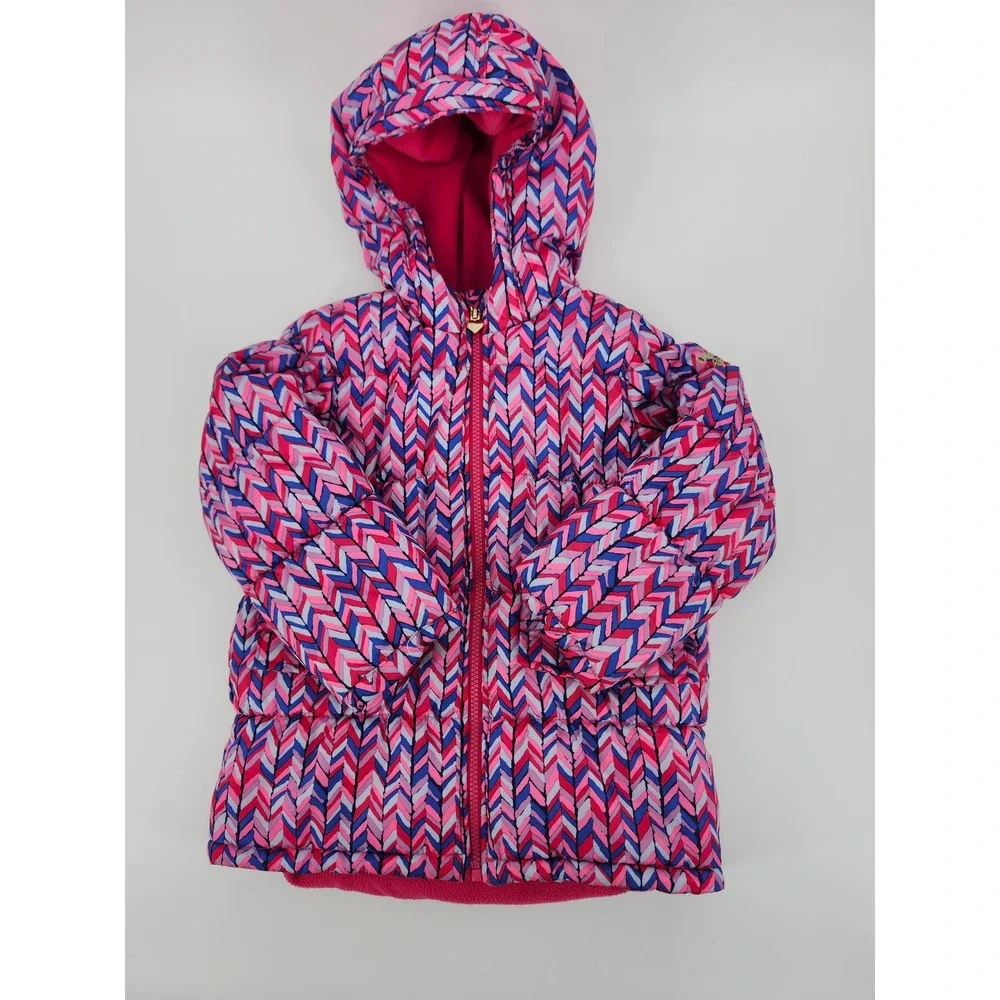 OshKosh Bgosh Girls Pink Blue Chevron Puffer Jacket Fleece Lined Size M 5-6